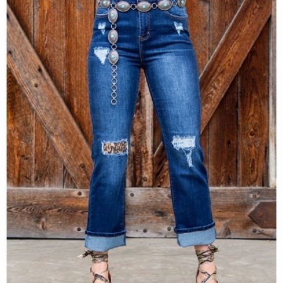 𝅺L&B Mid Wash High Rise Boyfriend Jeans W Leopard Patches-NWT - Picture 1 of 7